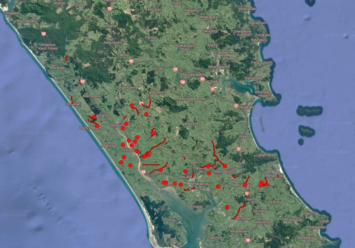 Map of Kaipara with red dots and lines marking roads that have been graded this month